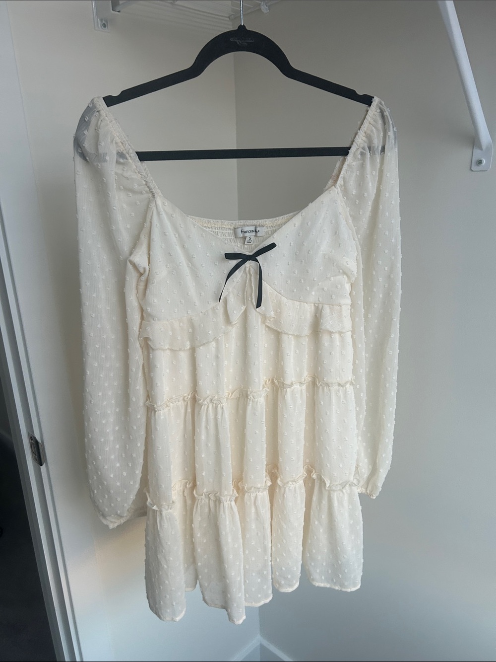 Francesca's Cream Swiss Dot Mini Dress with Black Bow Accent